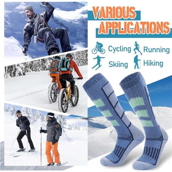 3 Pairs Men's Merino Wool Ski Thermal Warm Thick Knee High Socks, Gray & Blue - Picture 6 of 6